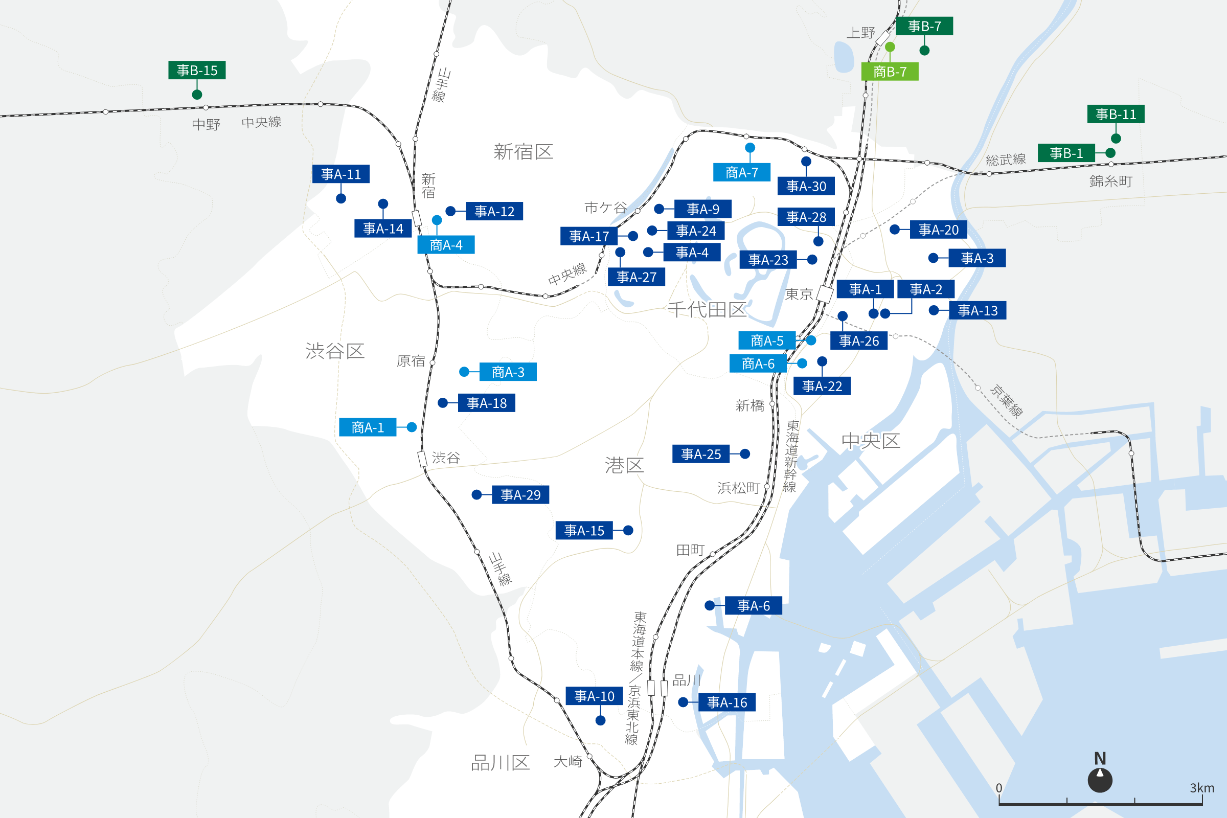 東京都心(千代田区、中央区、港区、新宿区、品川区、渋谷区)の地図。地図上に次に記載の保有物件がマークされている。