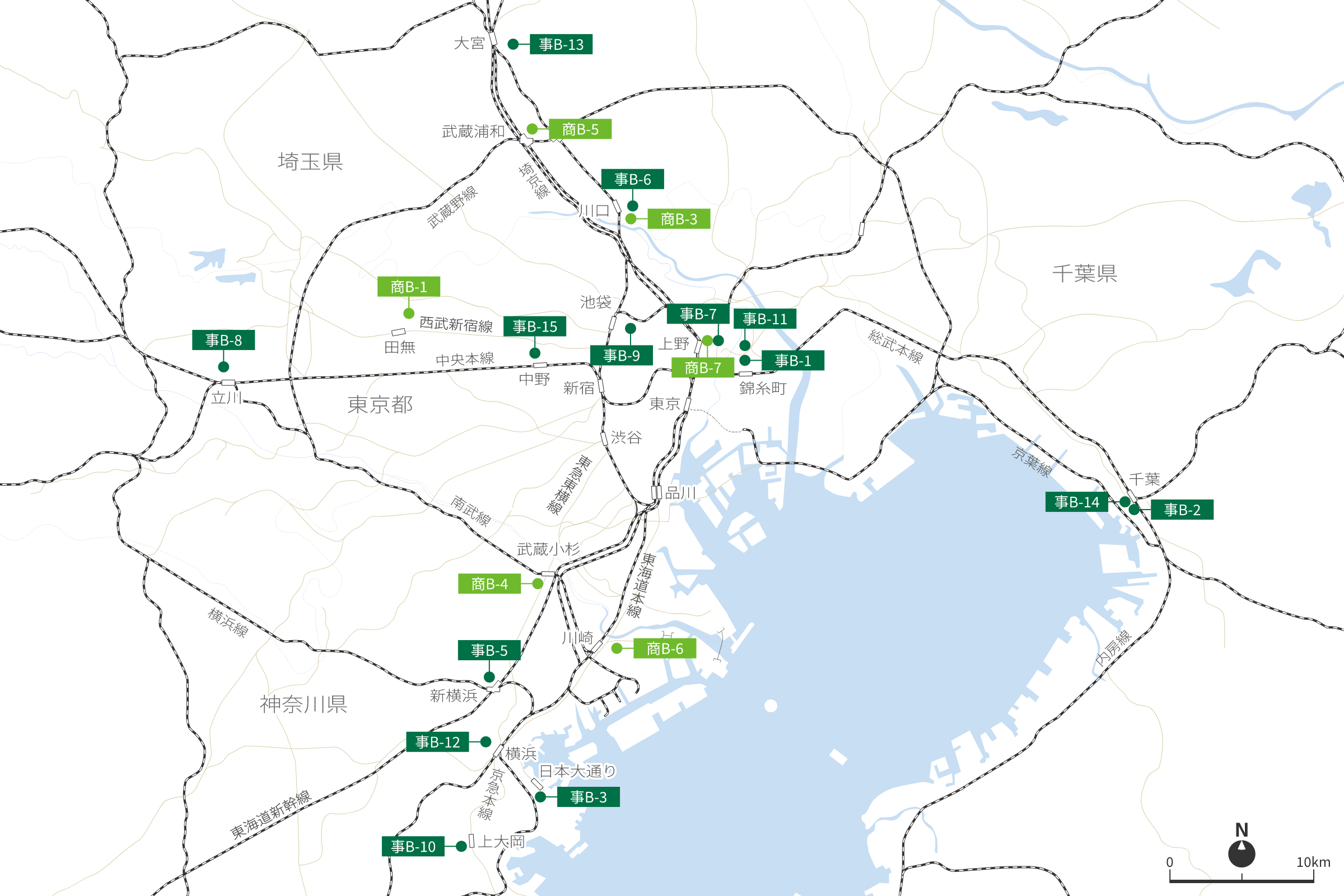 東京周辺部(東京都のうち「東京都心」以外、千葉県、神奈川県、埼玉県)の地図。地図上に次に記載の保有物件がマークされている。
