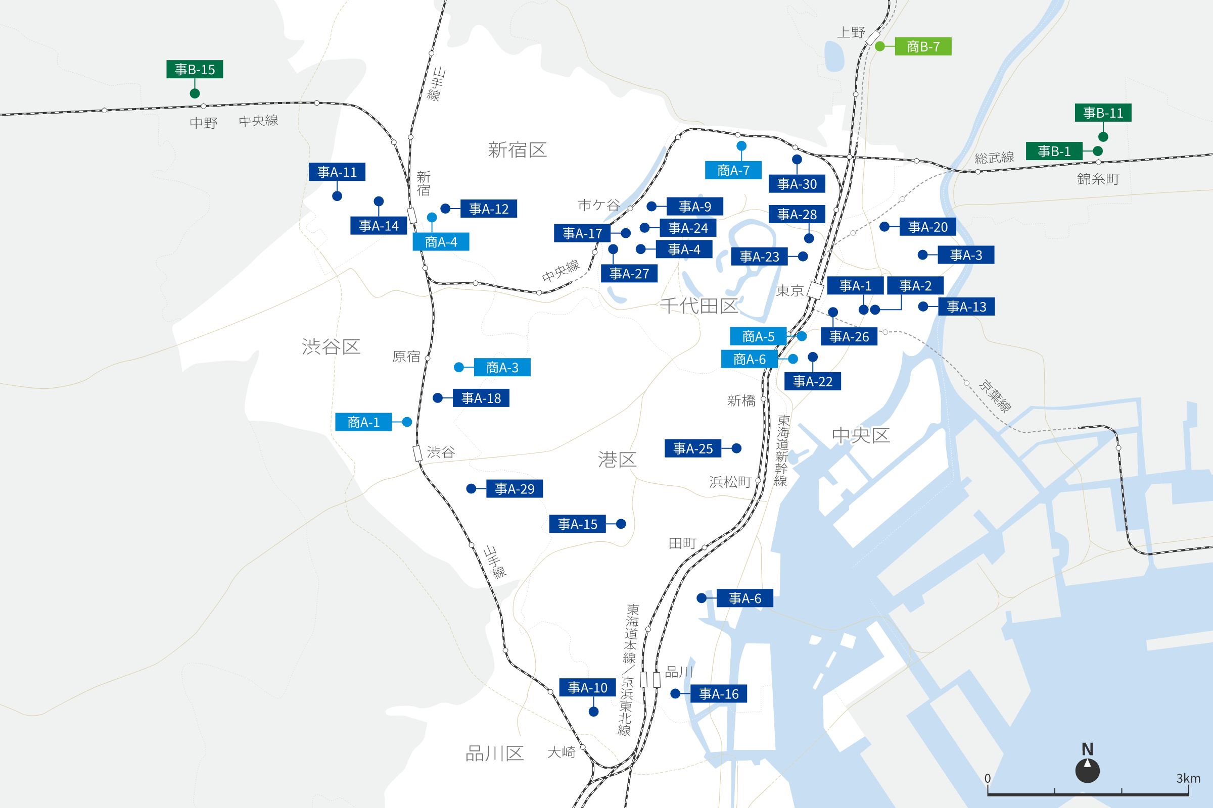 東京都心(千代田区、中央区、港区、新宿区、品川区、渋谷区)の地図。地図上に次に記載の保有物件がマークされている。