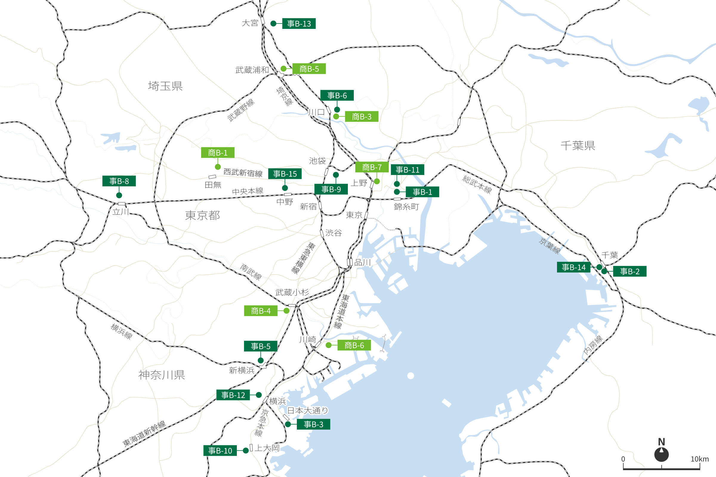 東京周辺部(東京都のうち「東京都心」以外、千葉県、神奈川県、埼玉県)の地図。地図上に次に記載の保有物件がマークされている。