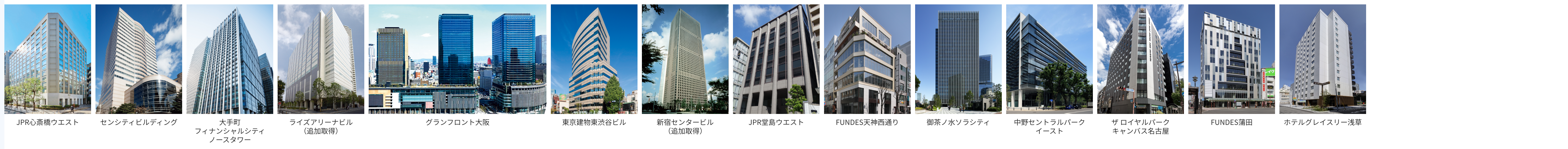 JPR心斎橋ウエスト、センシティビルディング、大手町フィナンシャルシティノースタワー、ライズアリーナビル（追加取得）、グランフロント大阪、東京建物東渋谷ビル、新宿センタービル（追加取得）、JPR堂島ウエスト、FUNDES天神西通り、御茶ノ水ソラシティ、中野セントラルパークイースト、ザ ロイヤルパークキャンバス名古屋、FUNDES蒲田、ホテルグレイスリー浅草