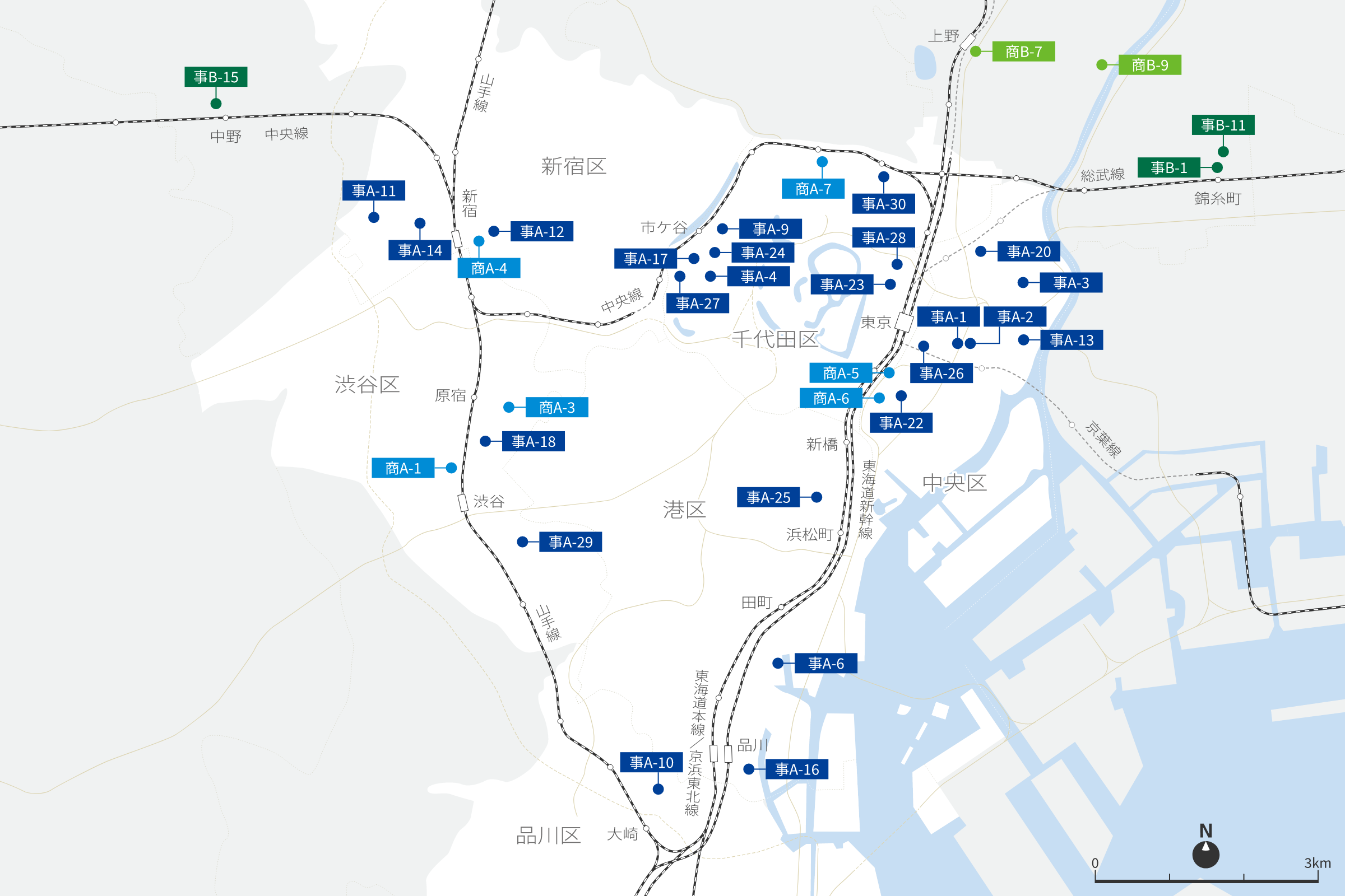 東京都心(千代田区、中央区、港区、新宿区、品川区、渋谷区)の地図。地図上に次に記載の保有物件がマークされている。