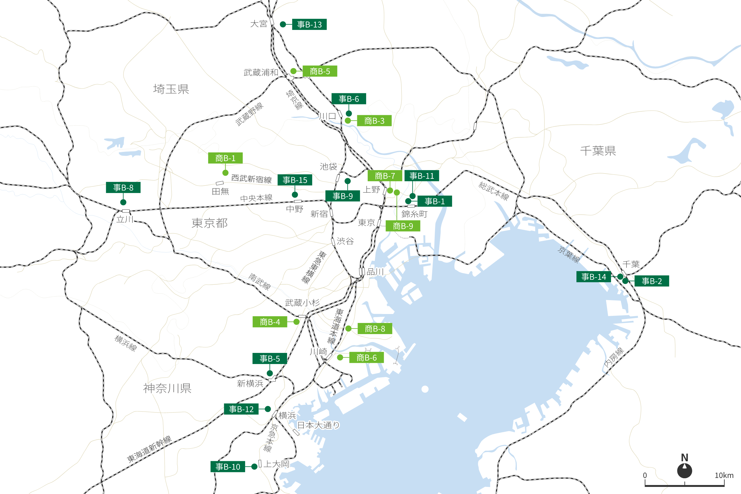 東京周辺部(東京都のうち「東京都心」以外、千葉県、神奈川県、埼玉県)の地図。地図上に次に記載の保有物件がマークされている。